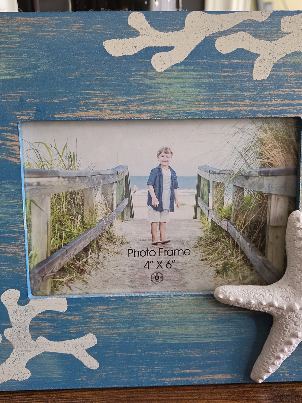 Coastal Blue Wood Photo Frame with Starfish Accent